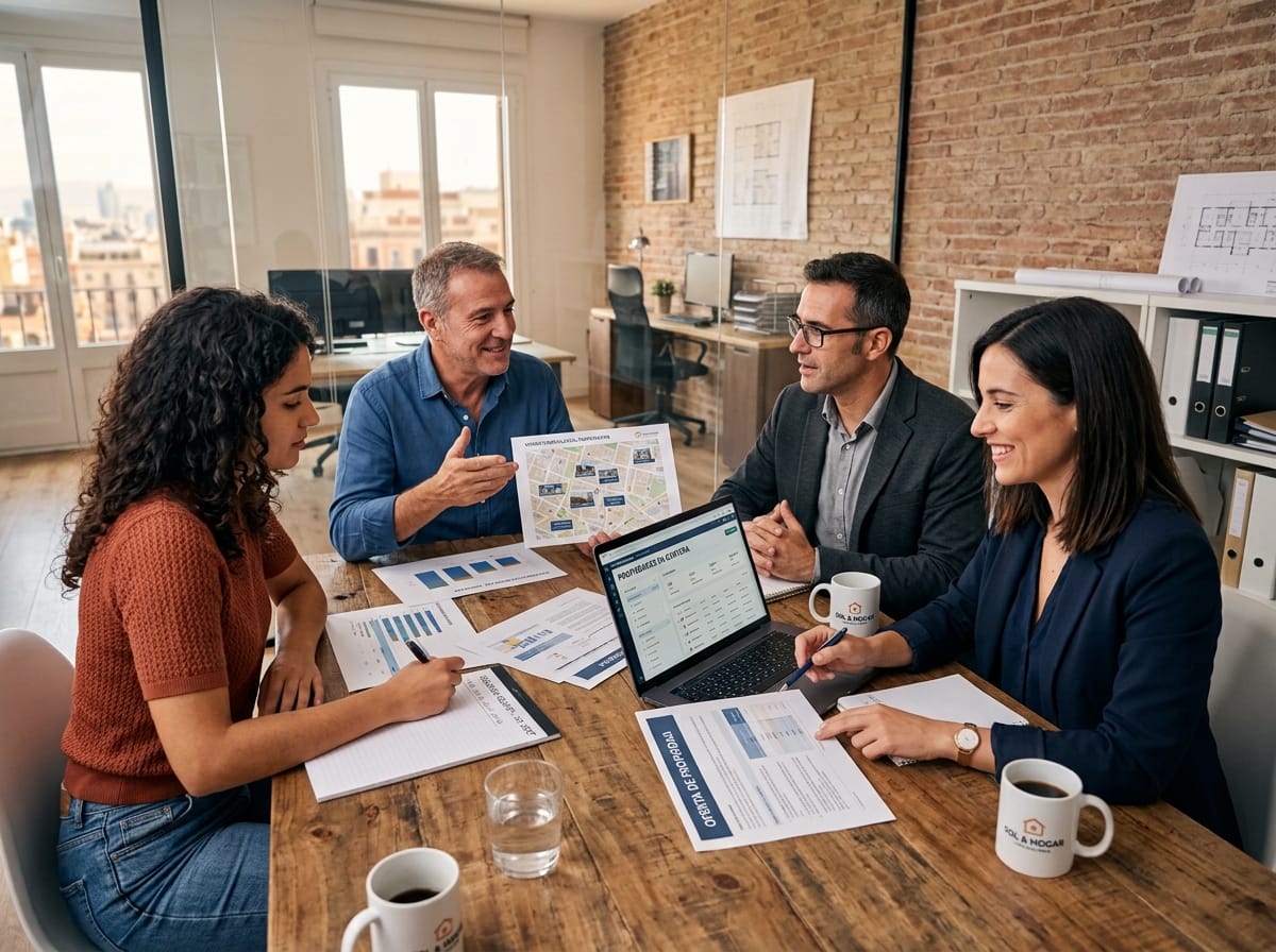 Equipo de una agencia inmobiliaria reunido alrededor de una mesa