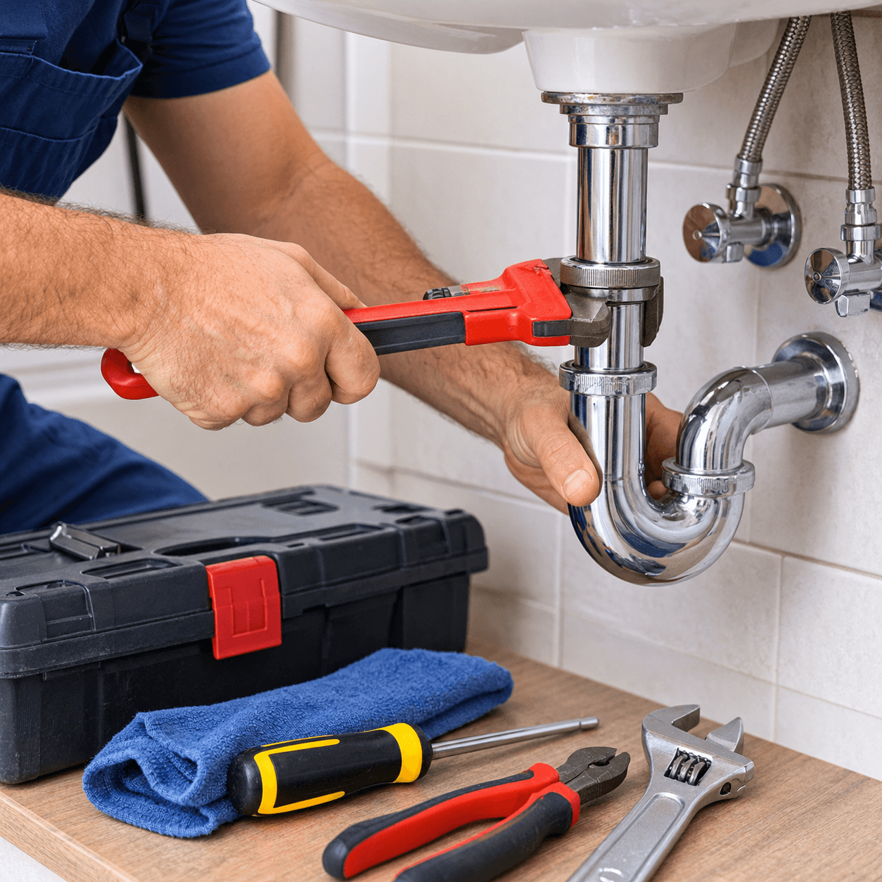 Fontanero reparando el desagüe del lavabo de un piso alquilado